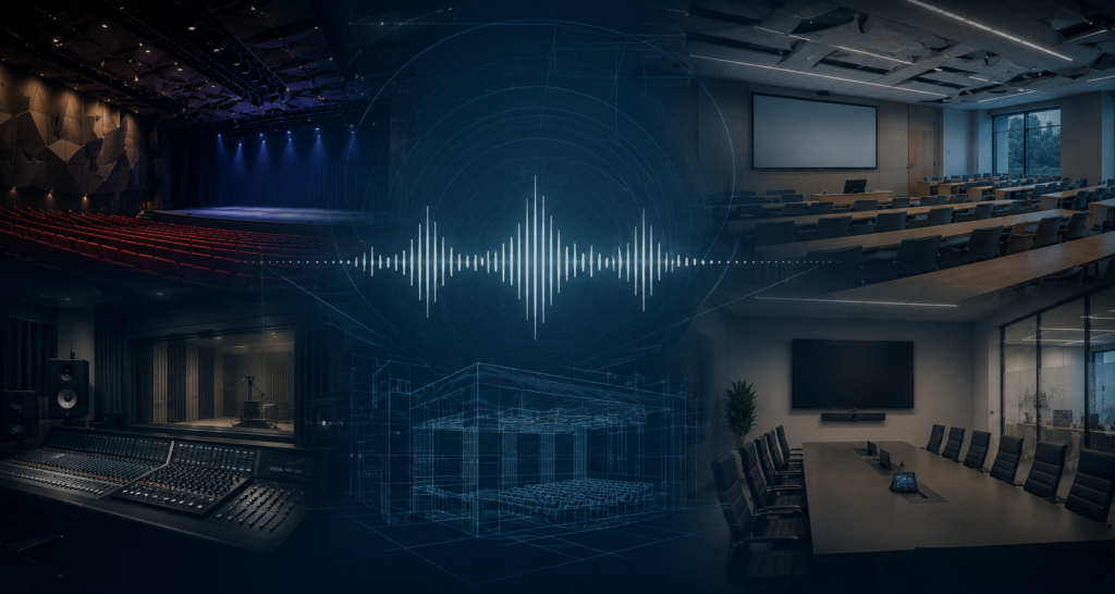 Composite image showing a theatre, recording studio, lecture theatre and corporate meeting room connected by acoustic design and soundwave visualisations.