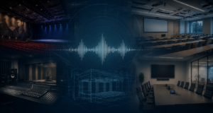 Composite image showing a theatre, recording studio, lecture theatre and corporate meeting room connected by acoustic design and soundwave visualisations.