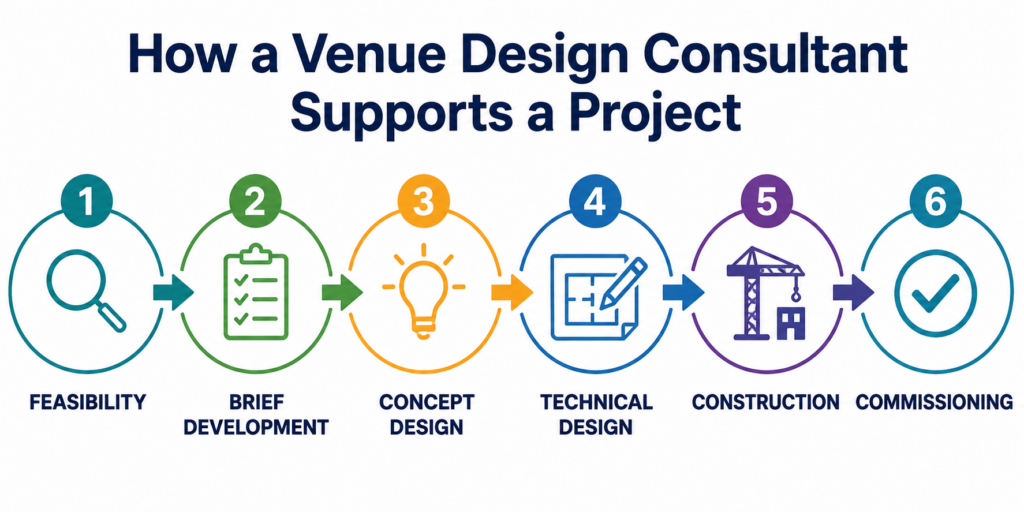 Infographic showing how a venue design consultant supports a project through feasibility, brief development, concept design, technical design, construction and commissioning.