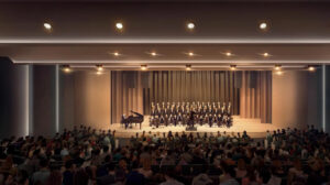 Architectural visualisation looking towards the stage of the 650-seat theatre auditorium at American Community School Abu Dhabi.