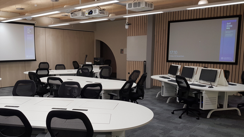 Seminar teaching room at the University of Greenwich Dreadnought Building, showing the teaching space and AV presentation facilities.